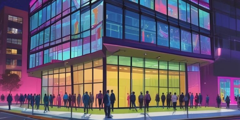 Buntes Haus mit lauter Fenstern. Viele Menschen strömen darauf zu. Das ganze ist im Nachtmodus.